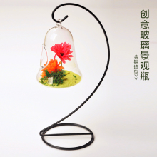 铃铛型悬挂式透明玻璃多肉花瓶 微景观办公室装饰品摆件 含铁支架