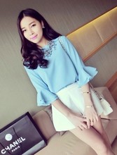 特【SASA家】2014新款韩国荷叶袖女装中袖雪纺衫宽松上衣T恤衣服