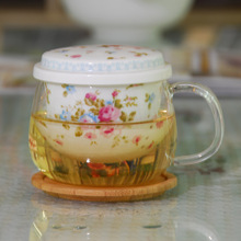 包邮创意耐热玻璃陶瓷胆过滤泡花茶杯、办公水杯玻璃杯送木杯垫