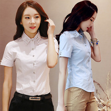 女式衬衫夏短袖职业装正装上衣修身OL韩版白色女士衬衣带钻工作服