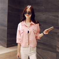 韩版春装新款女装可爱糖果粉色减龄牛仔上衣夹克短款气质七分袖_250x250.jpg