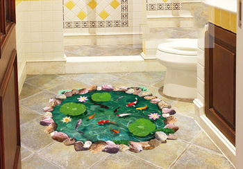 特价新款荷塘景色小鱼池塘3d立体浴室卫生间地贴装饰防水翻新贴画