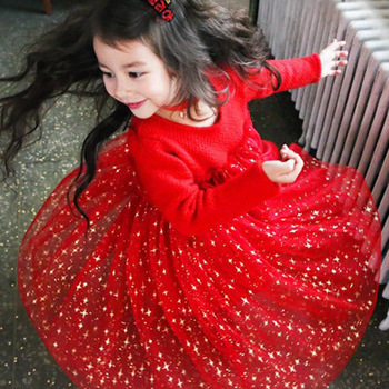 包邮新年女童连衣裙秋冬加绒韩版儿童长袖裙子蕾丝表演裙新年礼服