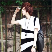 2015夏季新款男士个性黑白条纹T恤短袖韩版英伦男款修身衫衣体恤
