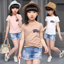 2016新款韩版女童夏季套装中大童牛仔短裤两件套童装一件代发代销