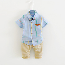 2016夏装新款婴幼儿套装 韩版男童短袖格子衬衫中裤儿童纯棉套装