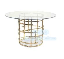 6802新古典时尚钢化透明玻璃面餐桌/后现代不锈钢香槟金色圆饭桌