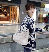 【实拍】2015 新款韩版秋东装V领宽松复古几何花纹女毛衣针织开衫