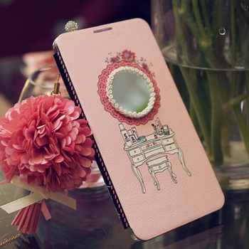 韩国正品Mr.H苹果iphone6 plus粉色梳妆台镜子薄款翻盖手机壳皮套