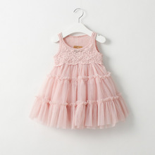 新款夏装2-3-4-5-6-7-8岁童装女童花朵蕾丝连衣裙无袖背带粉白色