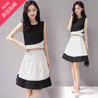 2016夏季韩版新款女装 黑白无袖连衣裙 中长款背心裙套装女两件套_250x250.jpg