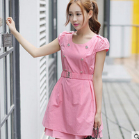 艾玛狮2015夏季新款女装 粉色双排扣腰带下摆拼接连衣裙_250x250.jpg
