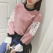 韩版圆领蕾丝边喇叭袖显瘦灯芯绒卫衣女套头长袖T恤J928