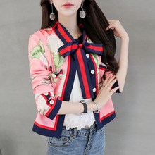 长袖短款印花绑带2016年秋季短外套韩版气质花纹编织带外套潮