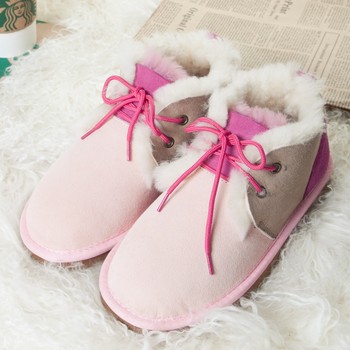 冬季情侣款棉鞋系带保暖鞋羊皮毛一体拼色雪地靴女靴
