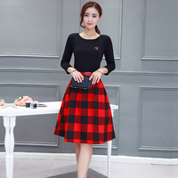 实拍时尚套装秋季新款韩版长袖针织衫高腰格子A字裙两件套_250x250.jpg