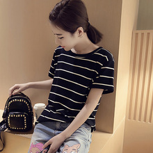 2016夏季新款黑白条纹t恤短袖韩版打底衫女士上衣