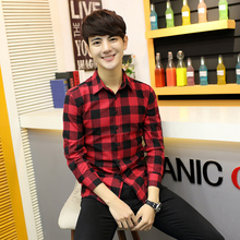 黑红格法兰绒格子衬衫男长袖青少年韩版商务休闲衬衣寸衫男外套潮