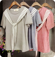 KUKUYAMI2015夏季新品爆款纯色净色拼接条纹围巾圆领短袖T恤包邮_250x250.jpg