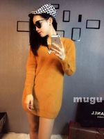 新款韩版女装长袖针织橘色打底连衣裙兔毛加貂毛打底衫长款毛衣_250x250.jpg