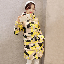 2015韩版冬装新款中长款连帽大码棉服外套女修身迷彩棉衣加厚棉袄