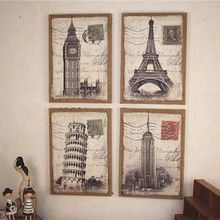 欧美式木质无框麻布画手工画客厅餐厅埃菲尔铁塔电表箱墙壁装饰画