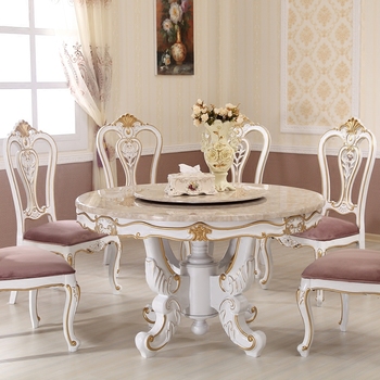 欧式餐桌 天然大理石餐桌椅组合6人法式实木餐桌白色圆桌饭桌双层