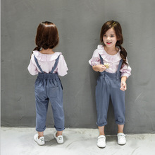 2016秋季新款儿童套装韩版女童排扣百搭休闲背带裤+荷叶边衬衫