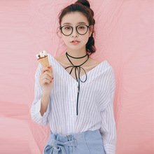 2016夏季新款秋款女装韩版露肩两穿竖条纹九分袖衬衫上衣包邮
