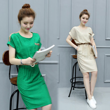 2016新款潮民族风女装韩版修身短袖亚麻棉麻连衣裙夏女中长款裙子