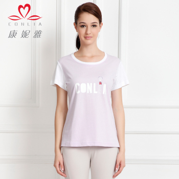 【便服】康妮雅2015夏季新款女装 女士全棉拼色logo印花短袖T恤