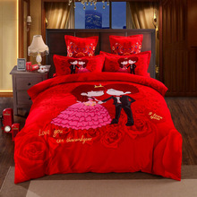 纯棉四件套卡通全棉磨毛新婚庆大红色1.8m2.0米结婚床上用品双人4