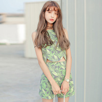 太阳和三朵野花16夏季韩版套装无袖叶子印花上衣女背心短裤包邮_250x250.jpg