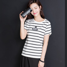 2016新款夏装韩版大码女装上衣短袖体恤修身显瘦潮条纹短袖t恤女
