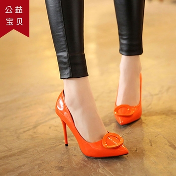 女鞋秋季新款潮2016绿色橙色高跟鞋细跟尖头7-10cm四季女单鞋真皮