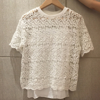 韩版女装2016夏季新款勾花镂空蕾丝衫短款圆领白色上衣两件套特价_250x250.jpg