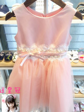 女童连衣裙春季夏秋儿童连衣裙礼服淡粉色带钻蕾丝胡蝶结蕾丝品牌