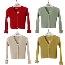 秋季新款V领纯色短款长袖针织衫 修身显瘦高腰小外套女装开衫