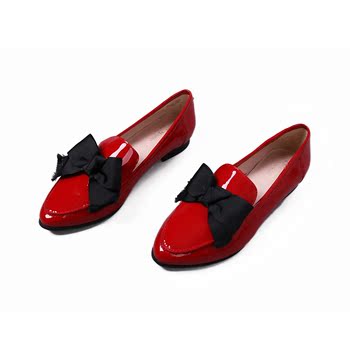 美国 蝴蝶结装饰  红白双色小乐福  黑桃系列低跟女鞋
