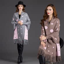 2016秋装韩版流苏斗篷羊绒毛衣外套女披肩中长款开衫蝙蝠袖针织衫