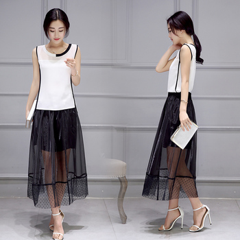 丽妮娅2016夏季新款中长款两件套连衣裙 韩版修身显瘦套装裙子潮