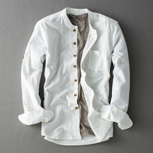 2016新品棉麻衬衫 中式立领休闲衬衣男装 纯色白色简单净版男寸衣
