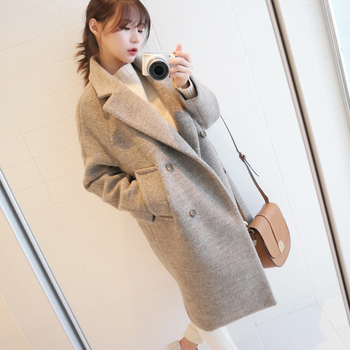 韩国代购2016冬季新款纯色大翻领毛呢外套女中长款学院风呢子大衣