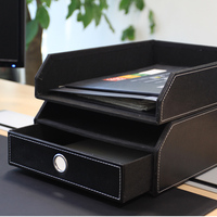 黑色抽屉式a4收纳盒多功能2层整理柜箱办公室桌面皮革文件收纳架_250x250.jpg