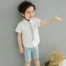 童装2016夏季新品男童棉麻短袖套装 中小童韩版领带短裤两件套潮