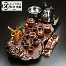 茶具套装四合一特价 整套紫砂冰裂功夫茶具实木雕刻佛电磁炉茶盘