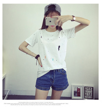 2016夏新品韩版女士t恤衫女装纯棉上衣泼墨学生白色短袖宽松包邮