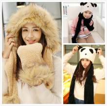 韩版亲子加厚帽子围巾手套一体三件套女冬季双层毛绒连体护耳帽子