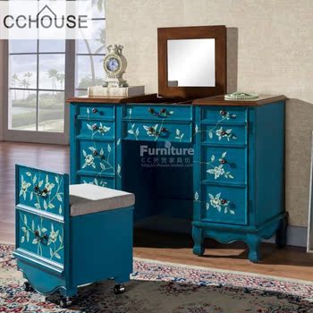 美式梳妆台手绘做旧珠宝化妆柜卧室翻盖实木梳妆凳蓝色多功能桌柜