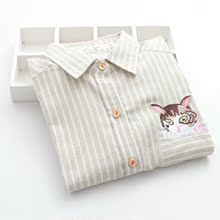 新款韩版小清新文艺撞色条纹印花口袋猫刺绣棉衬衣女打底衬衫大码